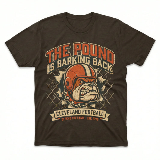 Brown graphic t-shirt with bulldog wearing helmet, football slogan, and distressed design.