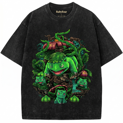 90s Bootleg Style Cute Green Monster Garden Giant Print - Funny Anime Inspired Monster Evolution Wash Graphic Unisex Tshirt