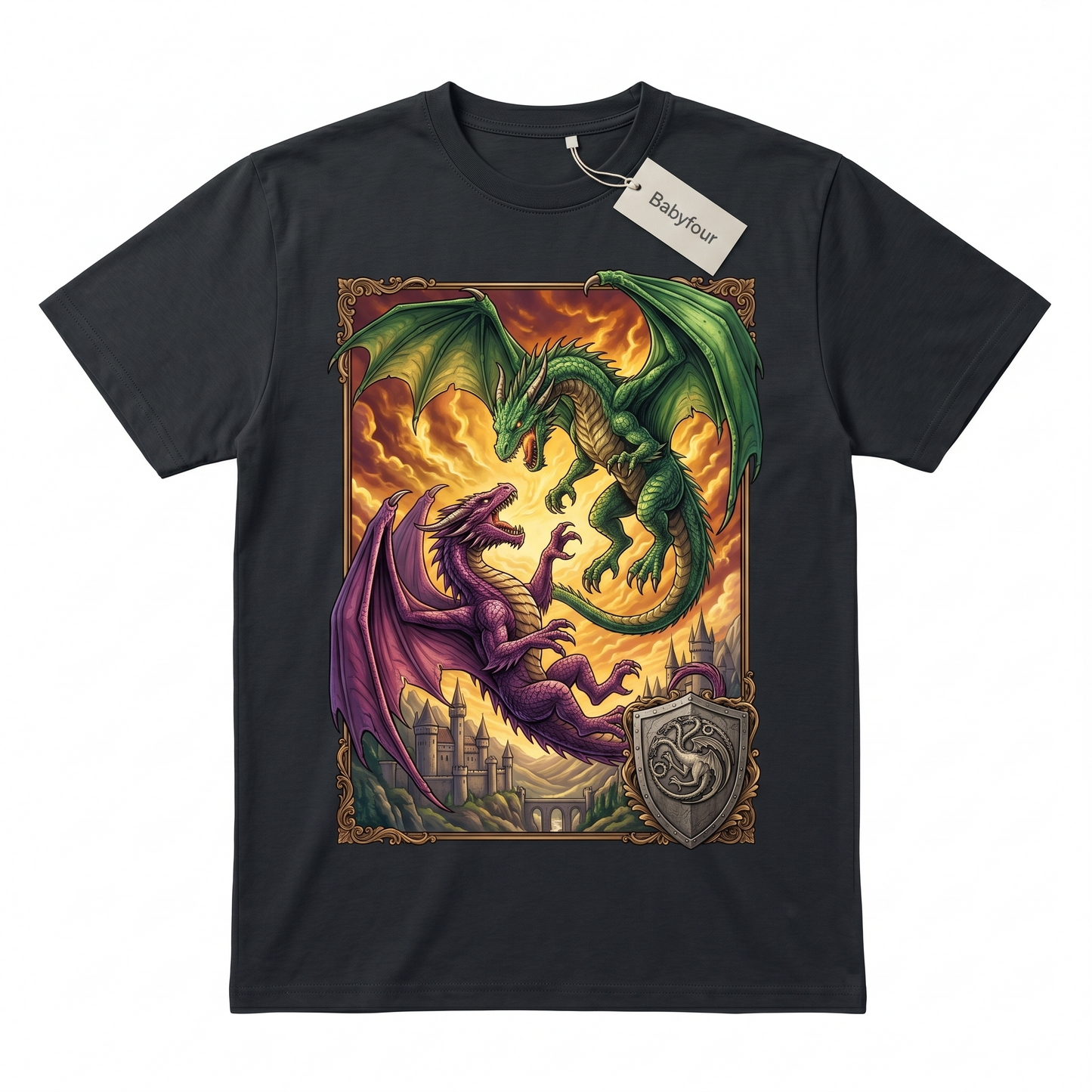 Vintage Epic Dragon Battle Unisex T-Shirt - Medieval Fantasy Realm Graphic Tee - Mythical Fire Dragon Series Inspired Shirt