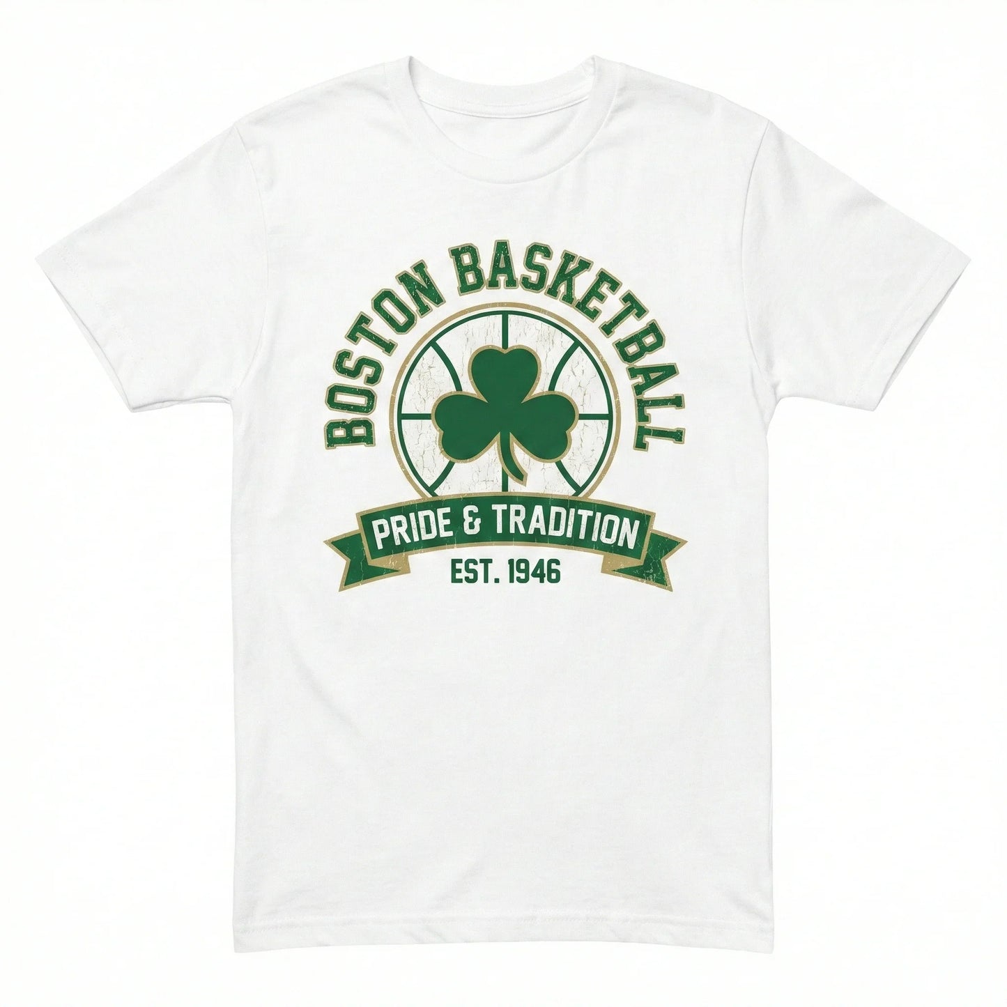 White t-shirt with green basketball and shamrock graphic, Boston Basketball, Pride & Tradition text