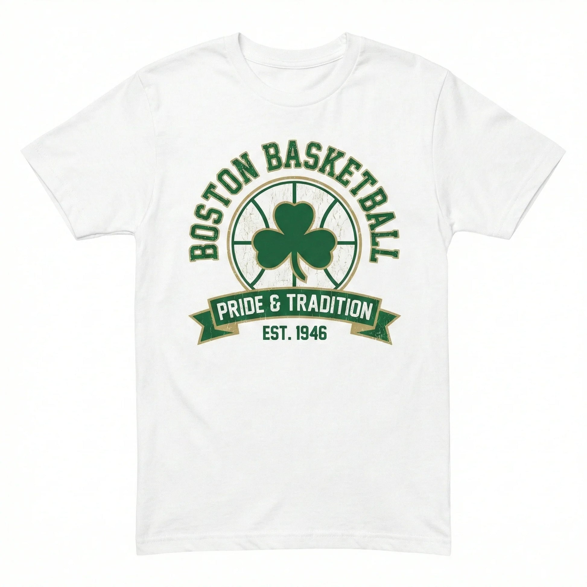 White t-shirt with green basketball and shamrock graphic, Boston Basketball, Pride & Tradition text