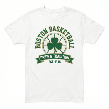 White t-shirt with green basketball and shamrock graphic, Boston Basketball, Pride & Tradition text