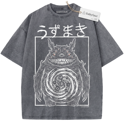 Vintage Dark Spiral Anime Monster Graphic Tee - Retro Whimsical Cute Cat Creature Unisex T-Shirt