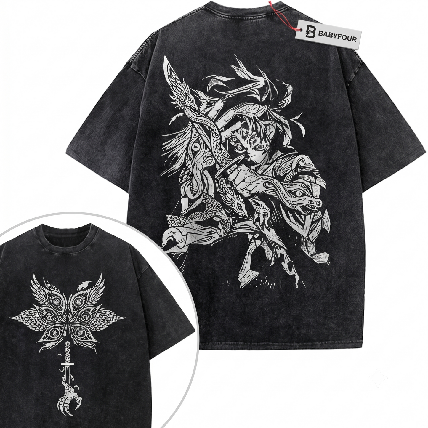 Vintage 2-Sided Six Eyed Demon Samurai Graphic Tee - Retro Upper Moon One Anime Swordsman Unisex T-shirt