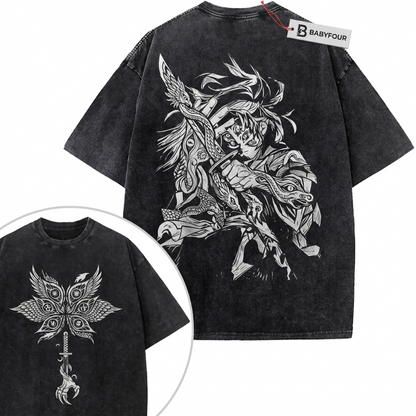 Vintage 2-Sided Six Eyed Demon Samurai Graphic Tee - Retro Upper Moon One Anime Swordsman Unisex T-shirt