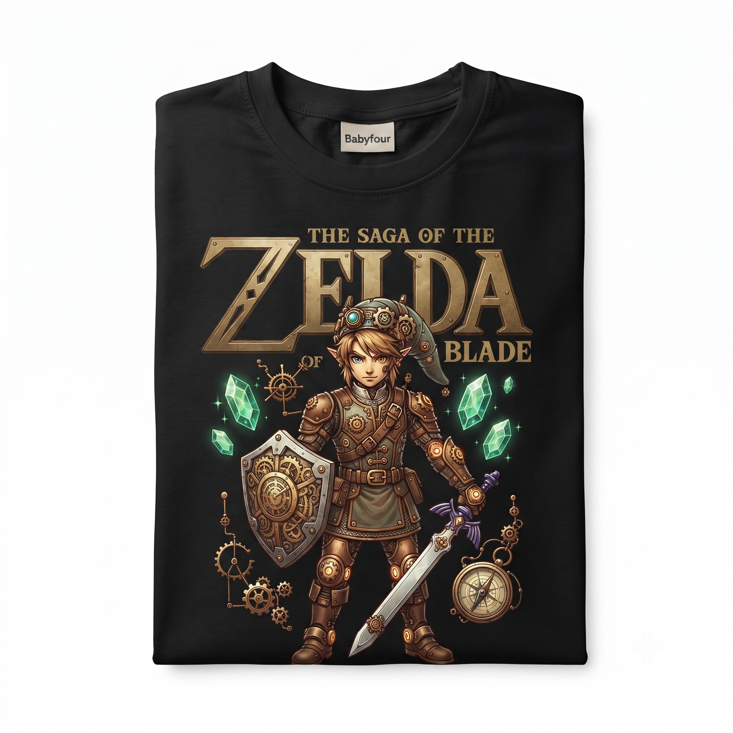 Retro Video Game Graphic Tee - Green Elf Boy with Sword and Shield T-Shirt - Black