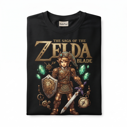 Retro Video Game Graphic Tee - Green Elf Boy with Sword and Shield T-Shirt - Black