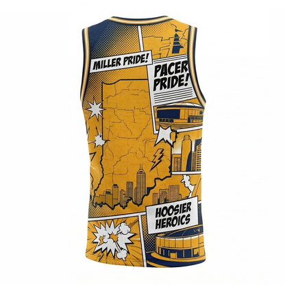 Unisex Indianapolis Basketball Heritage Comic Art All-Over Print Jersey Tank Top - Gold & Blue Pacers Inspired Hype Gear