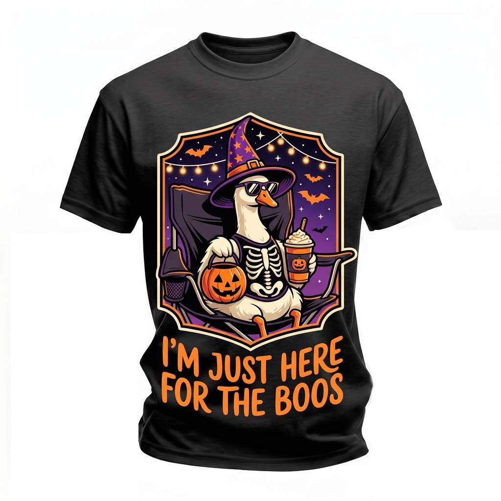 Im Just Here For The Boos Cool Cute Goose Witch Halloween Spooky Season Iced Coffee Unisex TShirt