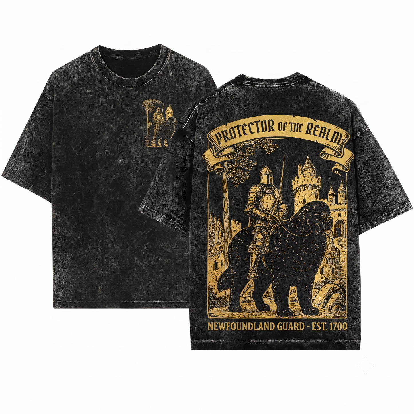 Medieval Newfoundland Knight Riding Snail Retro Grimdark Y2K Dog Mom Dad Meme Gift Unisex Heavyweight Garment-Dyed T-Shirt
