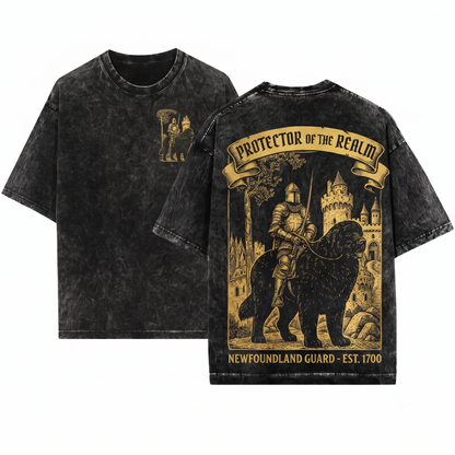 Medieval Newfoundland Knight Riding Snail Retro Grimdark Y2K Dog Mom Dad Meme Gift Unisex Heavyweight Garment-Dyed T-Shirt