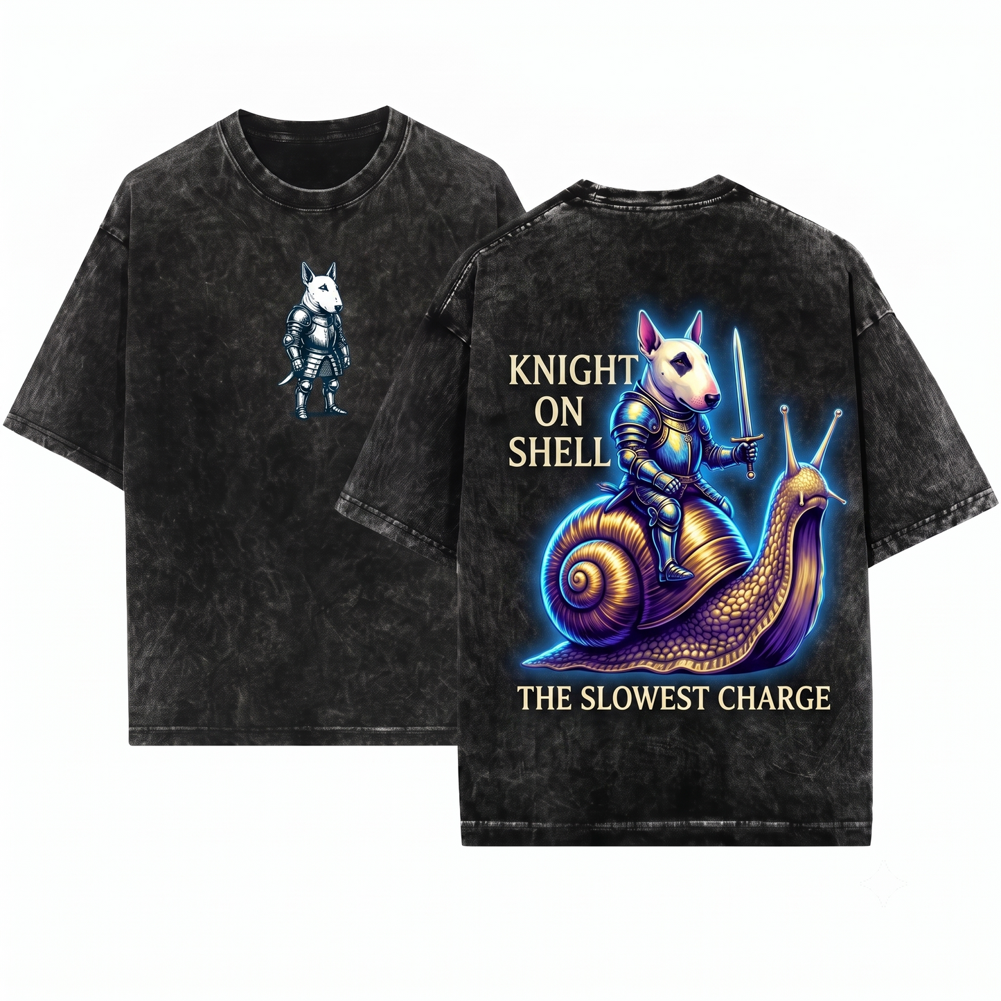 Funny Medieval Bull Terrier Knight Riding Snail Retro Grimdark Y2K Meme Dog Lover Gift Unisex Heavyweight Garment-Dyed T-Shirt