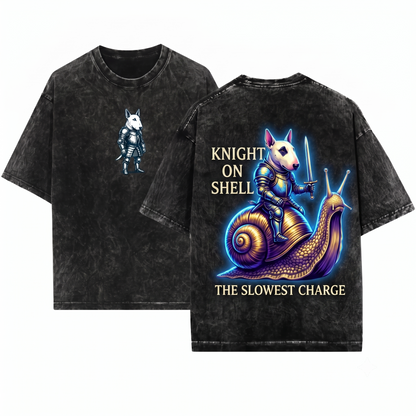 Funny Medieval Bull Terrier Knight Riding Snail Retro Grimdark Y2K Meme Dog Lover Gift Unisex Heavyweight Garment-Dyed T-Shirt
