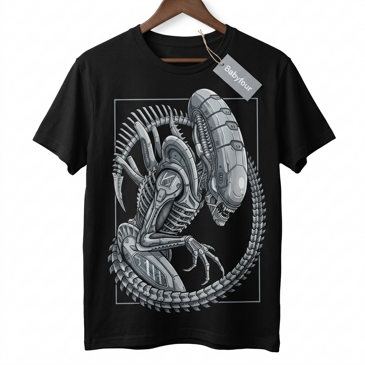 Unisex Tshirt - Biomechanical Skeletal Alien Monster Graphic Art, Coiled Xenomorph Form, Sci-Fi Horror Movie Inspired Design