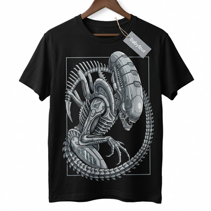 Unisex Tshirt - Biomechanical Skeletal Alien Monster Graphic Art, Coiled Xenomorph Form, Sci-Fi Horror Movie Inspired Design