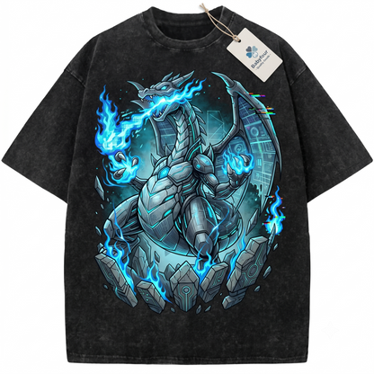 Blue Flame Dragon Monster Vintage Graphic Tee - Retro Anime Graphic Unisex T-Shirt