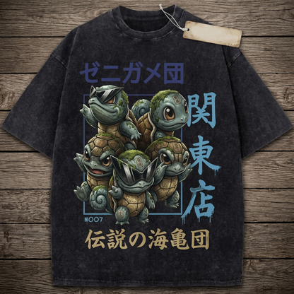 Retro Anime Water Turtle Squad Vintage Wash Graphic Tee - Japanese Streetwear Oversized Graphic Unisex T-shirt