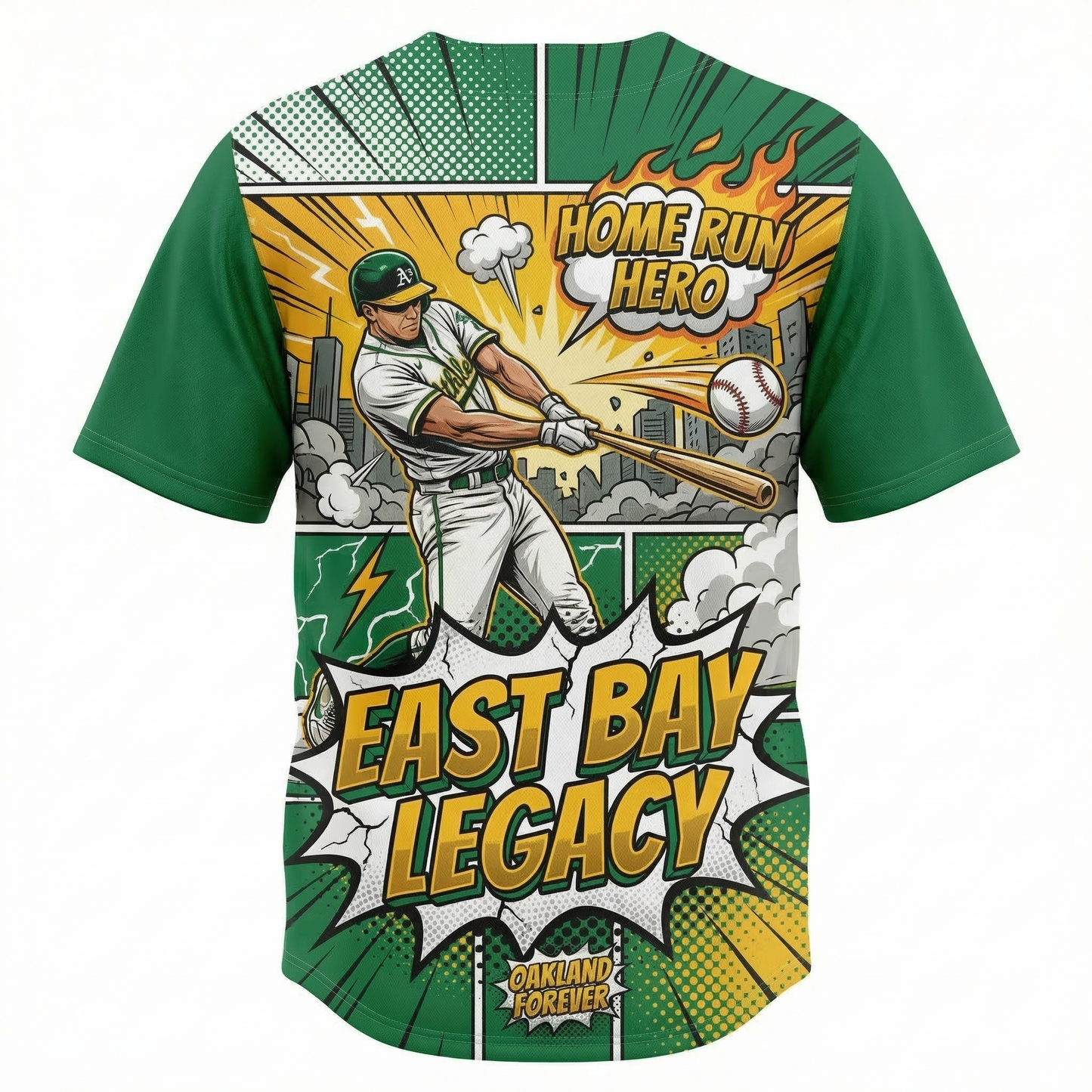 Unisex Oakland Baseball "The Town" Comic Art Button-Up Jersey AOP - End of an Era Green & Gold Fan Apparel