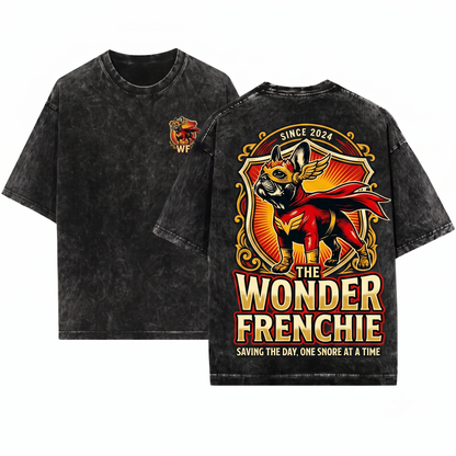 Funny French Bulldog Superhero Retro Comic Fan Dog Mom Dad Nerd Humorous Gift Unisex Heavyweight Garment-Dyed T-Shirt