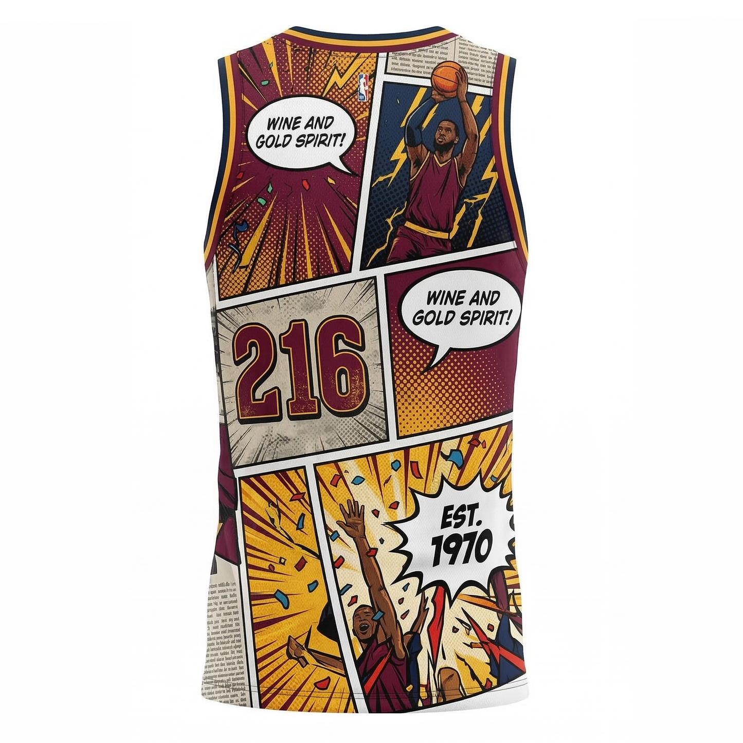Unisex Cleveland 216 Basketball Jersey - Retro Comic Book Graphic Tank Top - Wine & Gold All-Over Print
