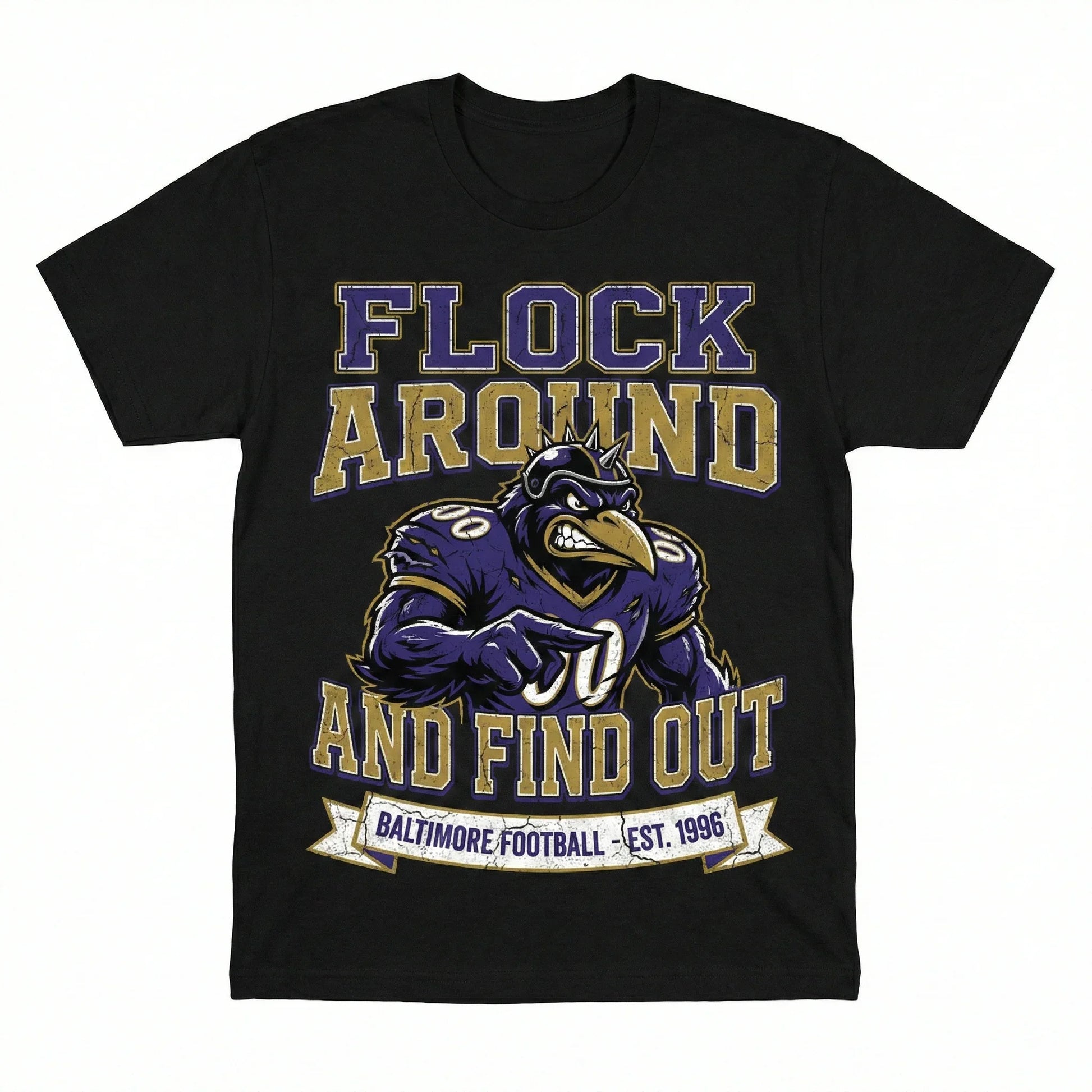 Black Baltimore football themed t-shirt with fierce raven graphic and bold text design