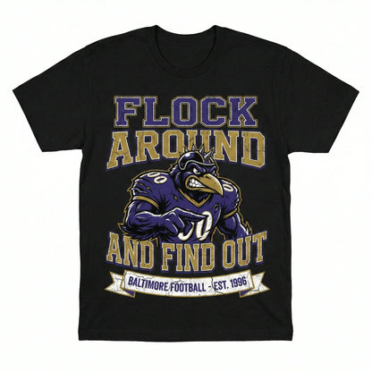 Black Baltimore football themed t-shirt with fierce raven graphic and bold text design