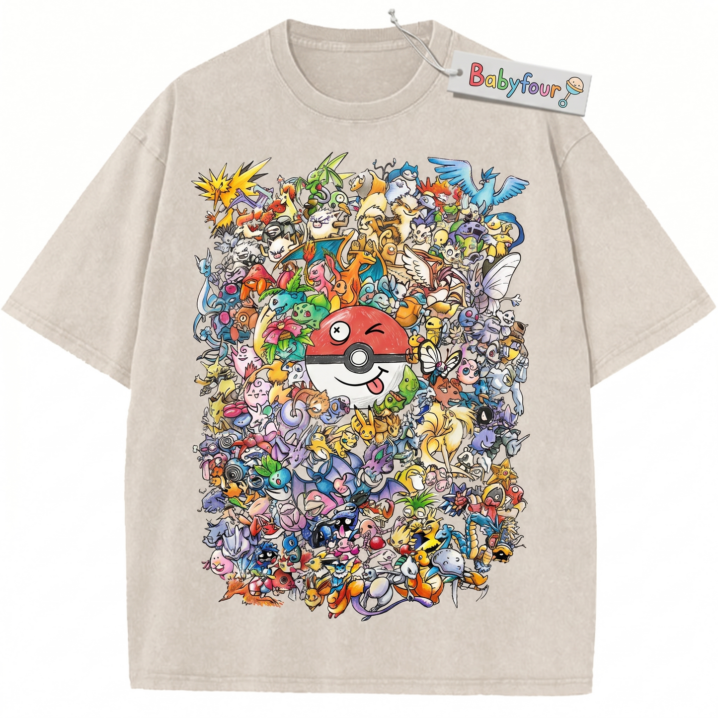 Retro Anime Creatures Pocket Monsters Graphic Top - Vintage Distressed Style Apricot Unisex T-Shirt