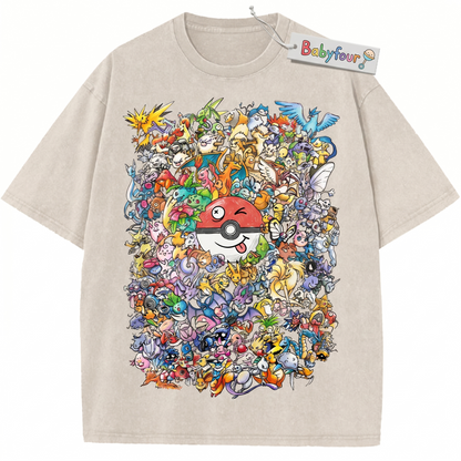 Retro Anime Creatures Pocket Monsters Graphic Top - Vintage Distressed Style Apricot Unisex T-Shirt