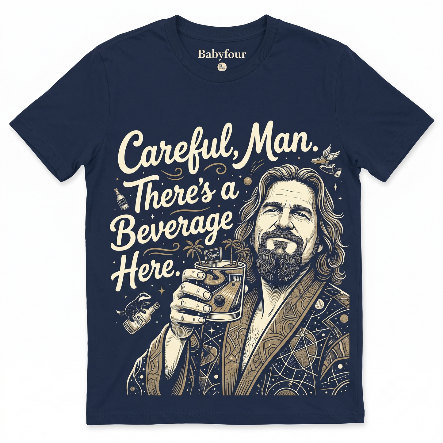 Careful Man There's a Beverage Here Graphic Movie Quote Tee, Retro The Dude Abides Beer Alcohol Funny Saying Vintage Apparel - Unisex Tshirt