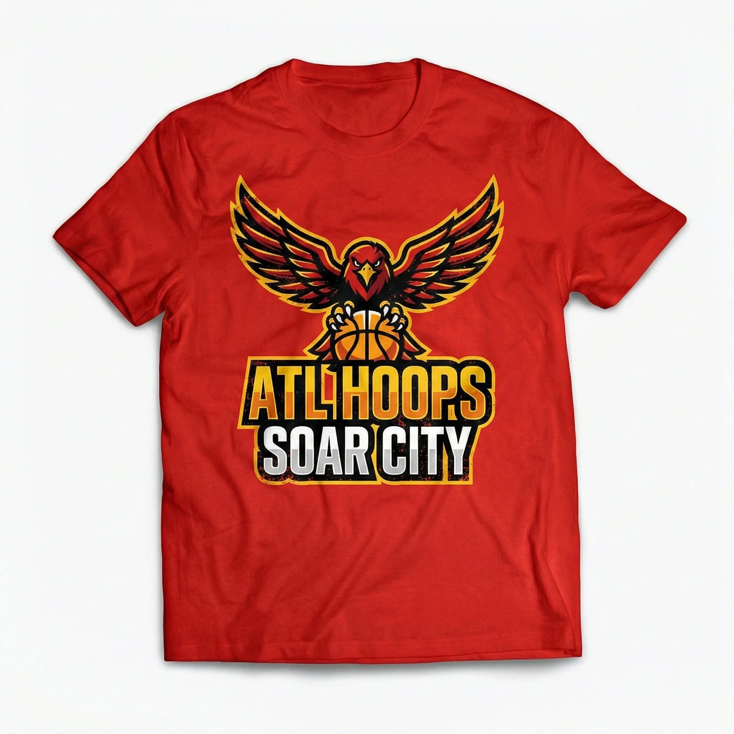Red t-shirt with bold ATL Hoops Soar City graphic, featuring a hawk holding a basketball.