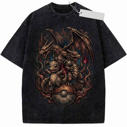 Vintage Fire Lizard Evolution Anime Graphic Unisex Tshirt, Retro Pocket Monster Starter Tee