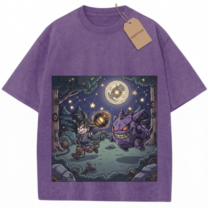 Vintage 90s Anime Crossover Unisex T-Shirt - Spooky Purple Ghost Monster & Monkey Tail Fighter Graphic Tee