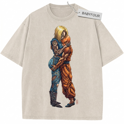 Vintage 90s Fighting Anime Couple Graphic Unisex T-Shirt - Retro Cyborg Girl and Bald Monk Embrace Tee
