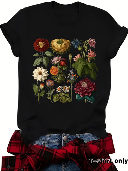 Black T-shirt with colorful vintage floral print, casual rolled sleeves, plaid shirt tied at waist