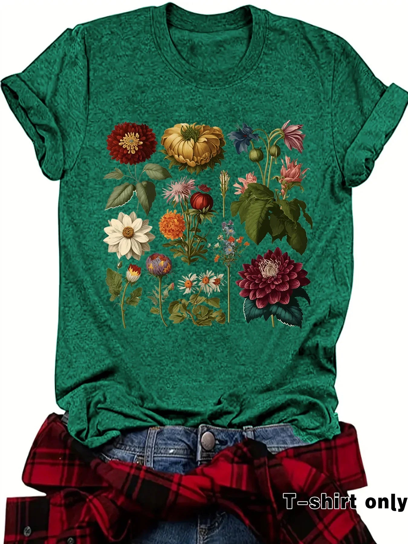 Green t-shirt with colorful vintage botanical flower print, casual outdoor style