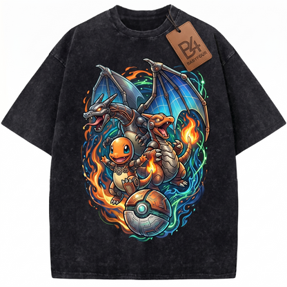 Vintage Fire Dragon Evolution Graphic Tee - Retro Anime Monster Wash Black Oversized Heavyweight Unisex T-shirt