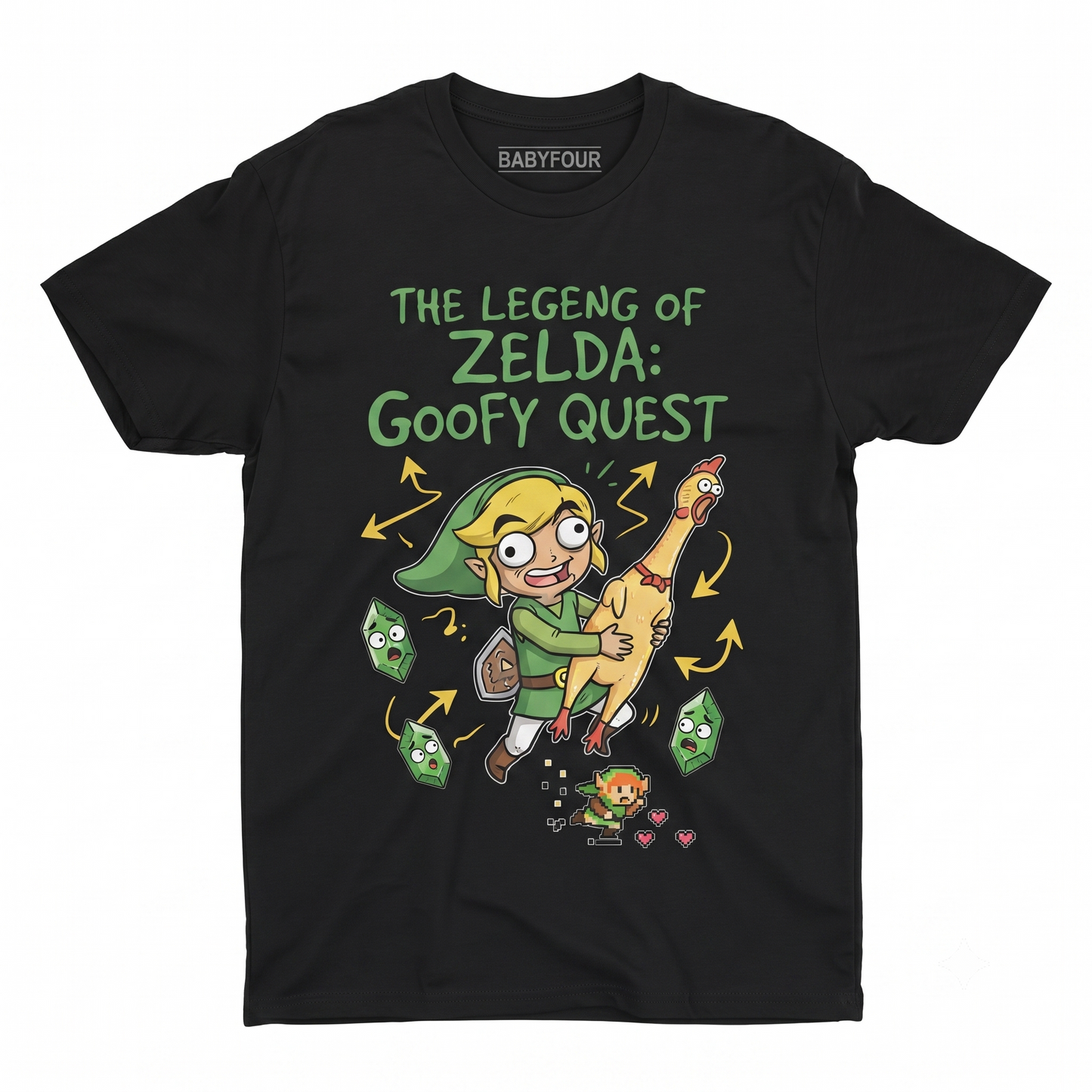 Retro Video Game Graphic Tee - Green Elf Boy with Sword and Shield T-Shirt - Black