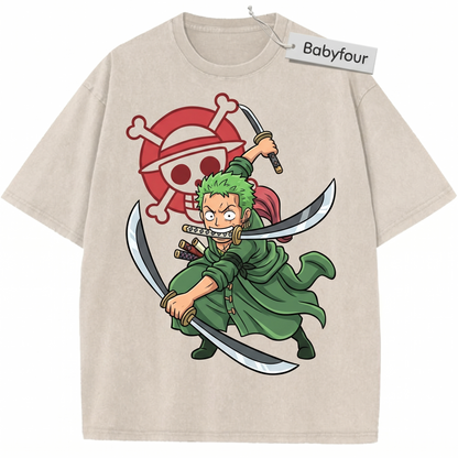 Anime Green Hair Swordsman Three-Sword Style Funny Chibi Graphic Tee Vintage Retro Unisex T-shirt
