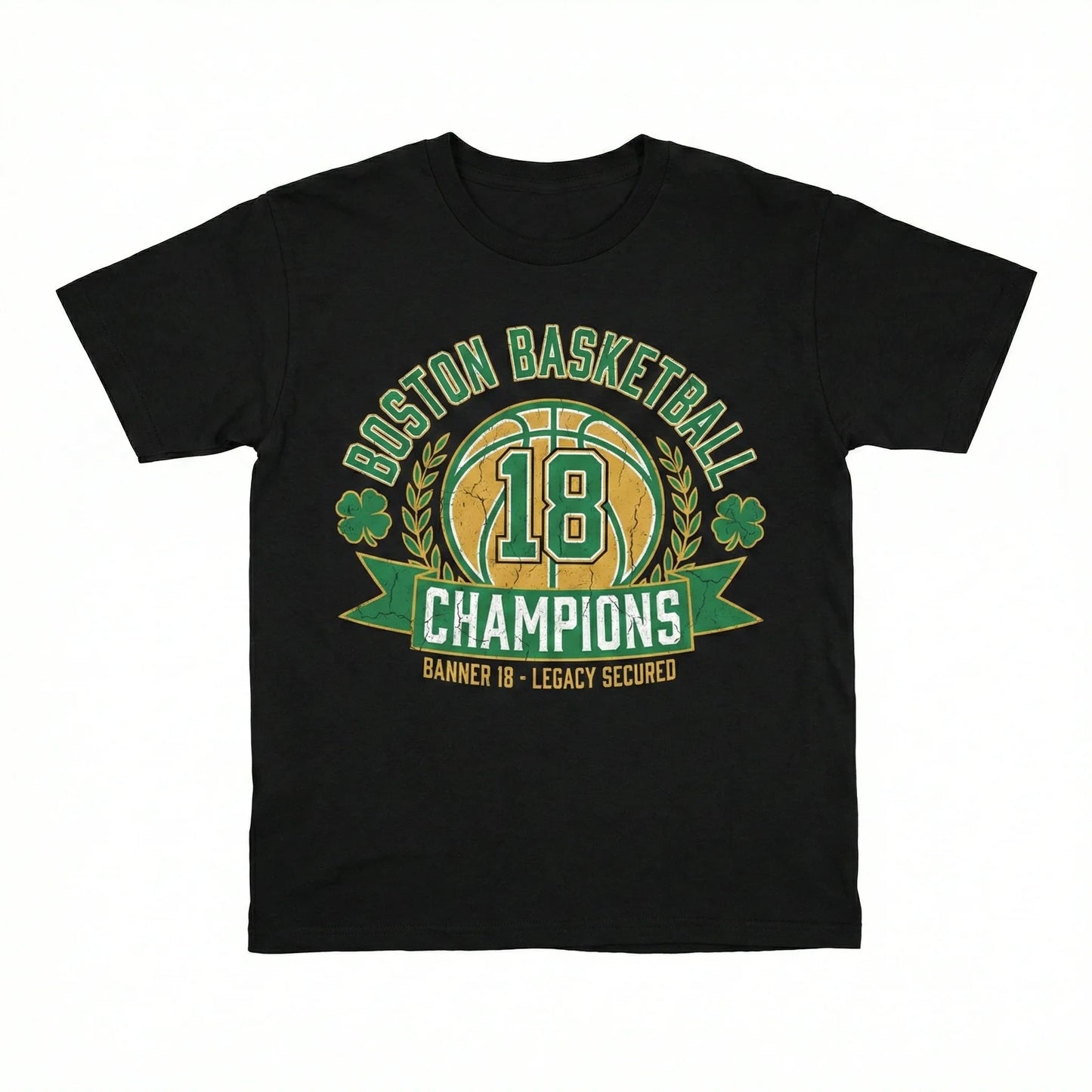 Black t-shirt with Boston basketball champions graphic, gold basketball and green banner design