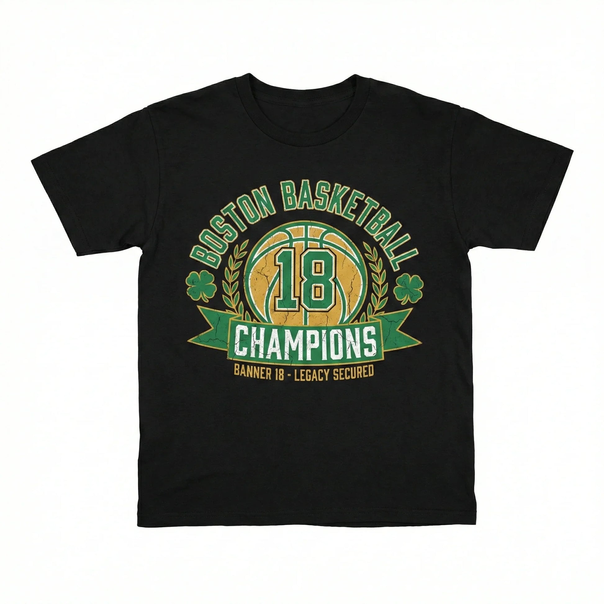 Black t-shirt with Boston basketball champions graphic, gold basketball and green banner design