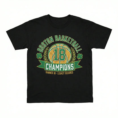 Black t-shirt with Boston basketball champions graphic, gold basketball and green banner design