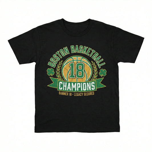 Black t-shirt with Boston basketball champions graphic, gold basketball and green banner design