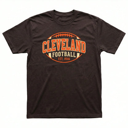 Brown Cleveland football t-shirt with orange lettering and football graphic, EST. 1946