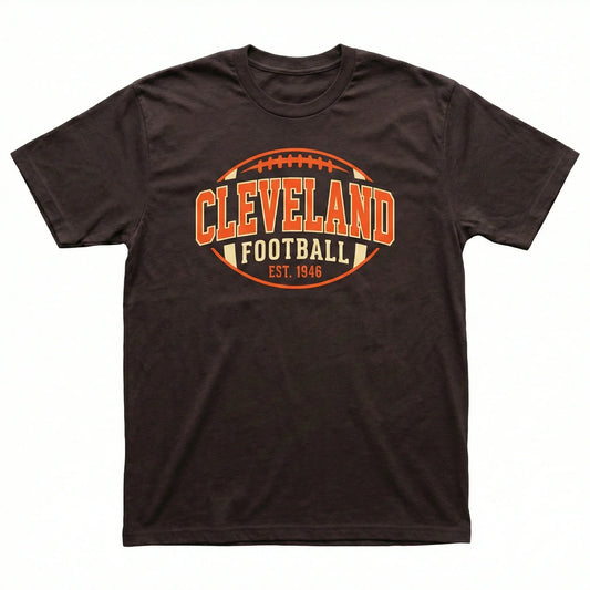 Brown Cleveland football t-shirt with orange lettering and football graphic, EST. 1946