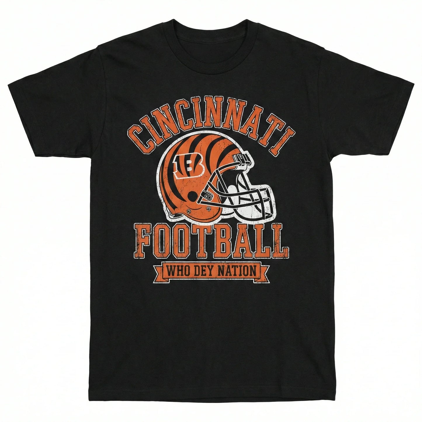 Black t-shirt with Cincinnati football helmet graphic and Who Dey Nation text, fan gear.