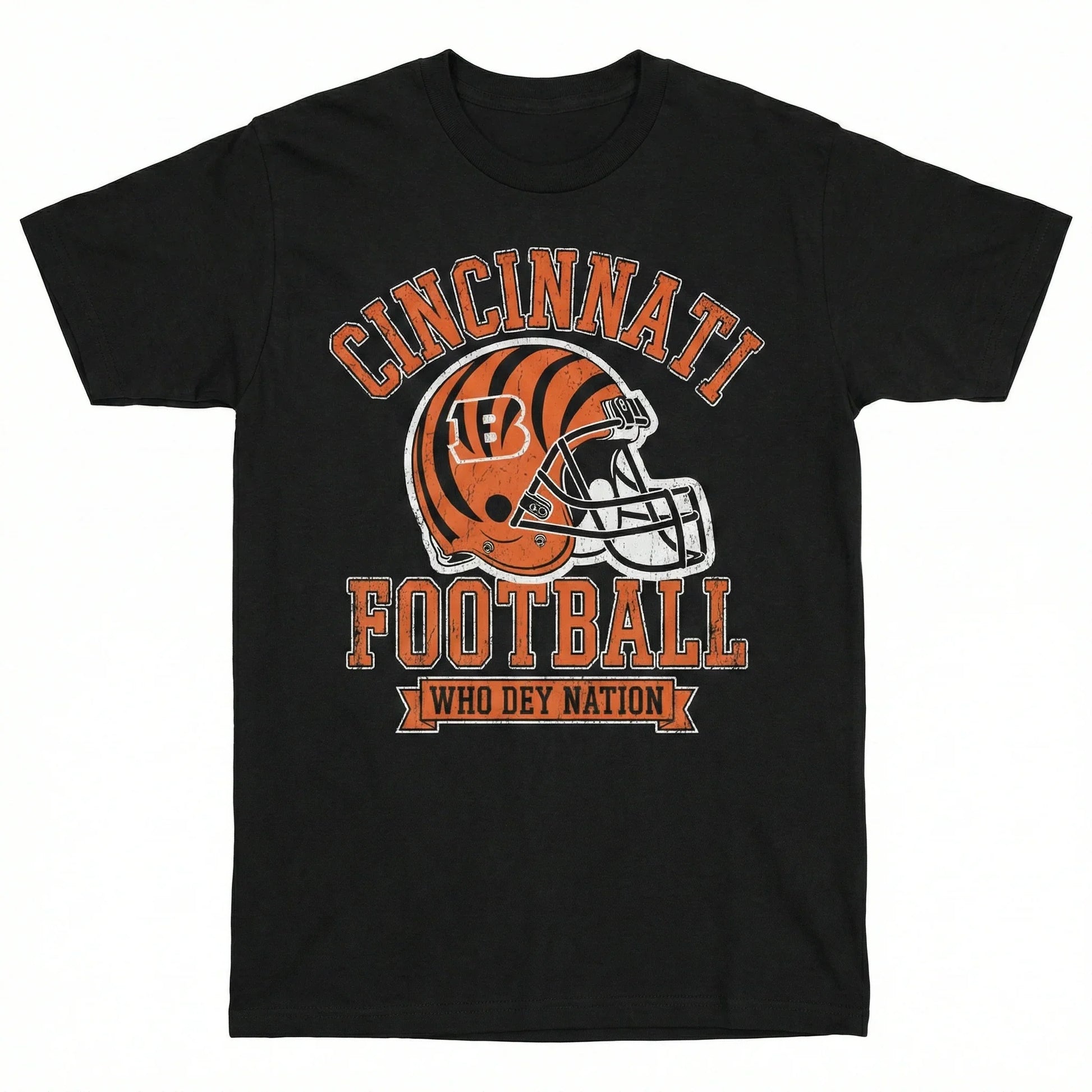 Black t-shirt with Cincinnati football helmet graphic and Who Dey Nation text, fan gear.