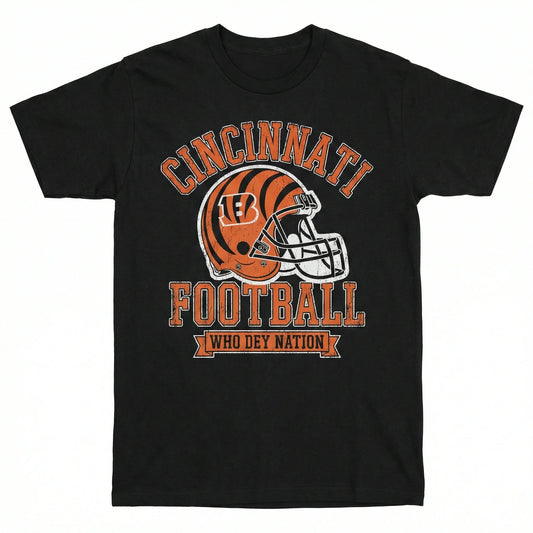 Black t-shirt with Cincinnati football helmet graphic and Who Dey Nation text, fan gear.