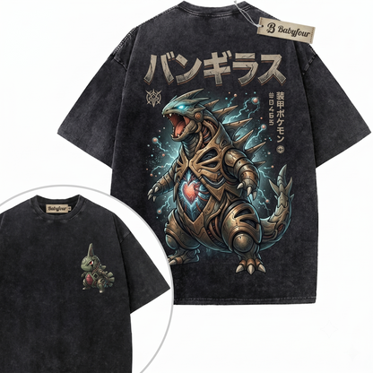 Vintage Green Rock Monster Evolution Graphic Tee, Retro Anime 2-Sided Print Unisex T-shirt