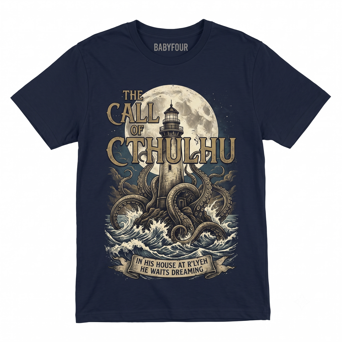 Vintage Cosmic Horror Graphic Tee - Gothic Lighthouse and Ancient Sea Monster Graphic - Eldritch Mythos Aesthetic Gift Unisex T-shirt