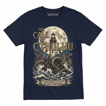 Vintage Cosmic Horror Graphic Tee - Gothic Lighthouse and Ancient Sea Monster Graphic - Eldritch Mythos Aesthetic Gift Unisex T-shirt